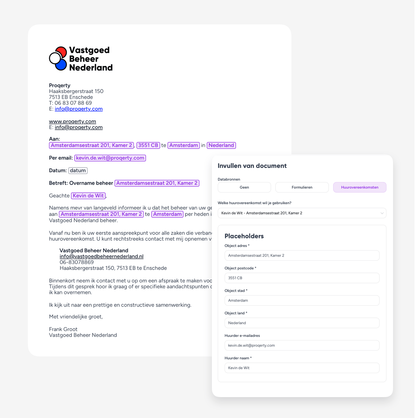 brief sjabloon vastgoed software met velden