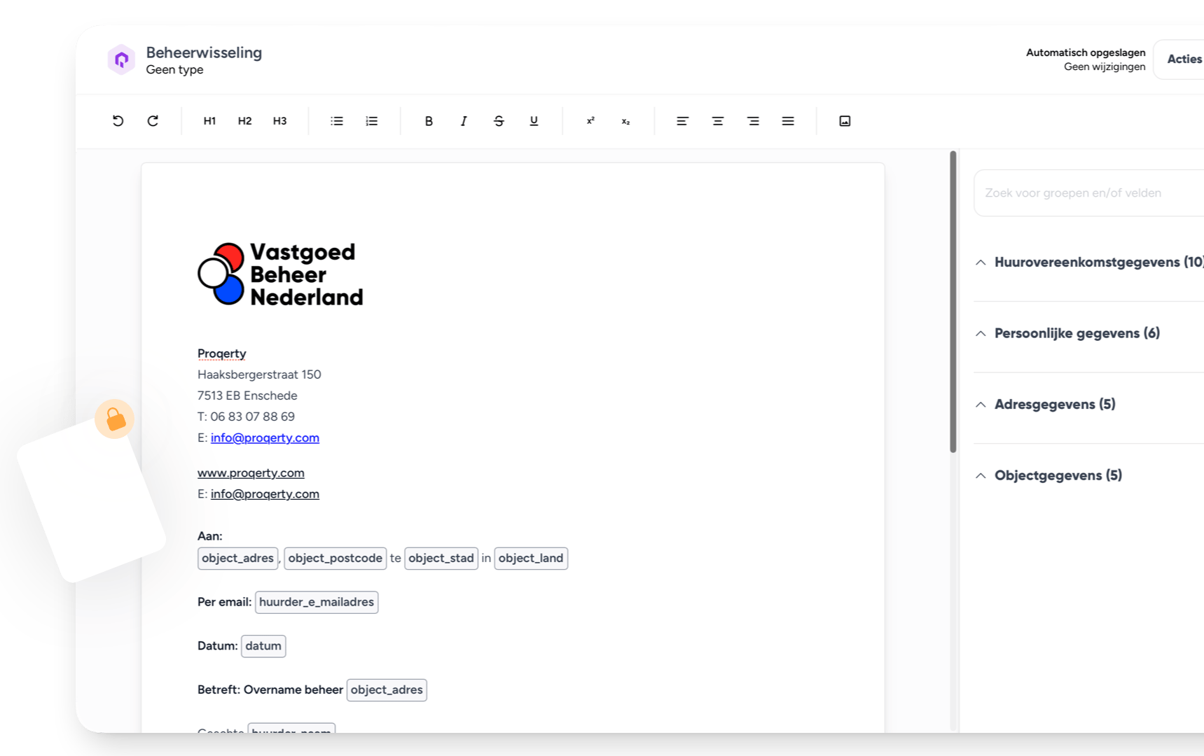 vastgoed software sjabloon bewerker