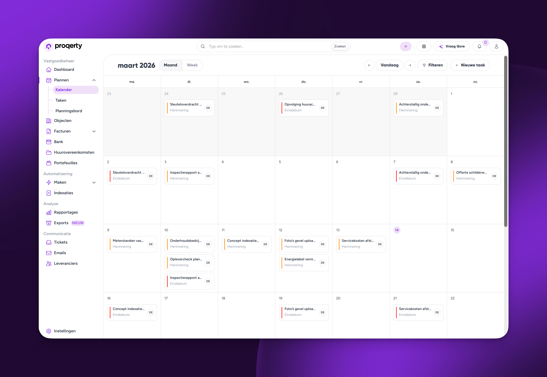 kalender taken vastgoed