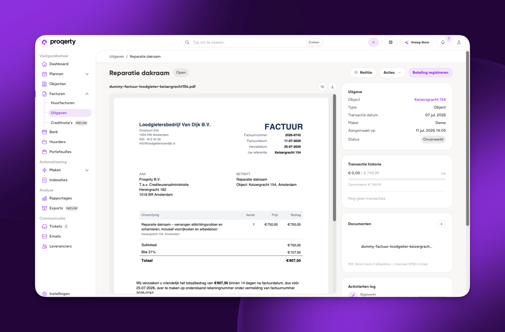 Vastgoed software uitgaven inkoopfacturen
